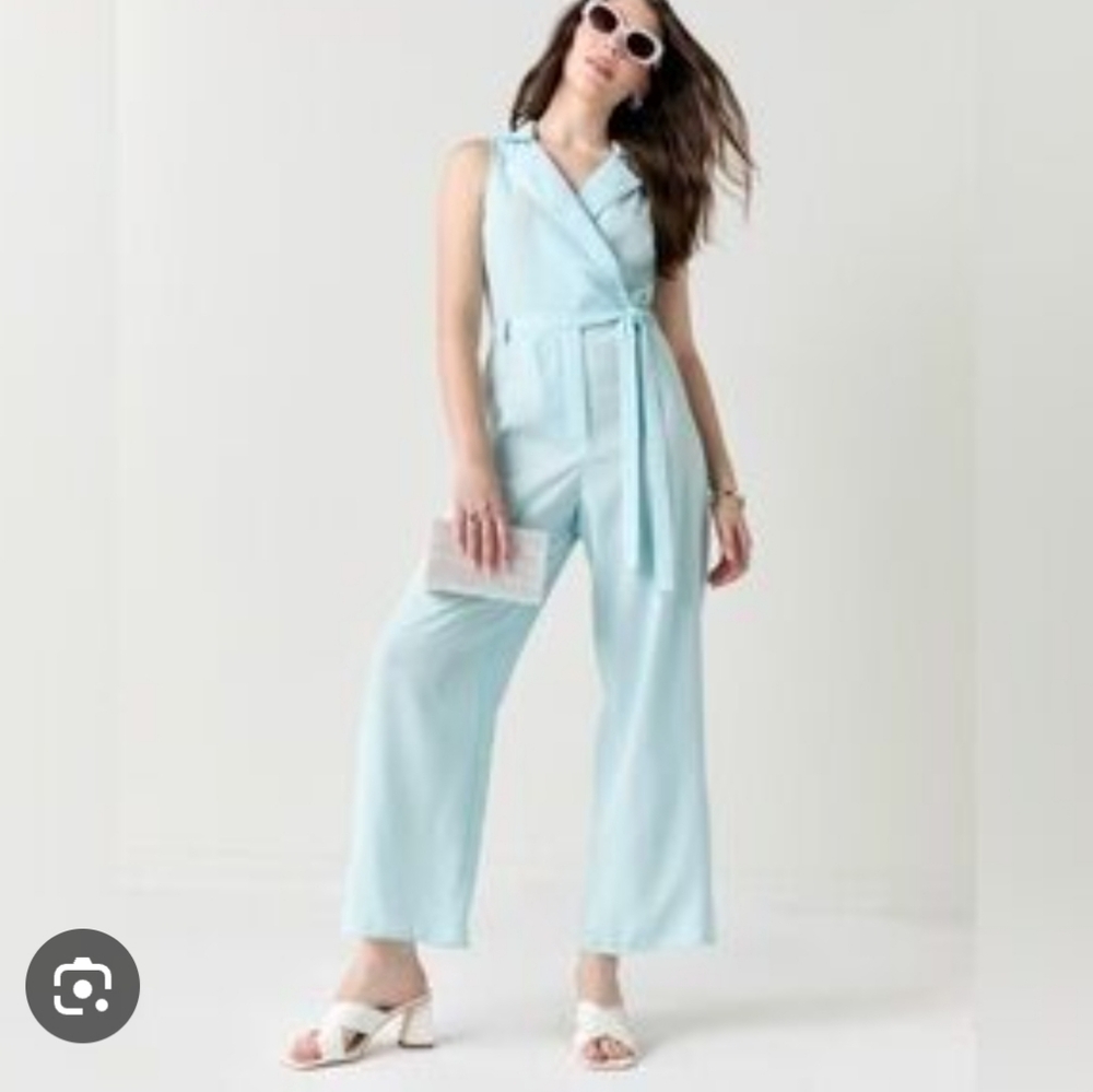 Audrey Parks by Francesca's Kelsey Utility Tie Waist Jumpsuit Blue